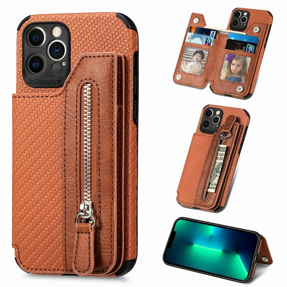 ELEHOLD Zipper Wallet Case for iPhone 14 Pro Max 6.7inch Flip Card Slots Stand Function Magnetic Closure Full Body Shockproof Protective Case ,Brown
