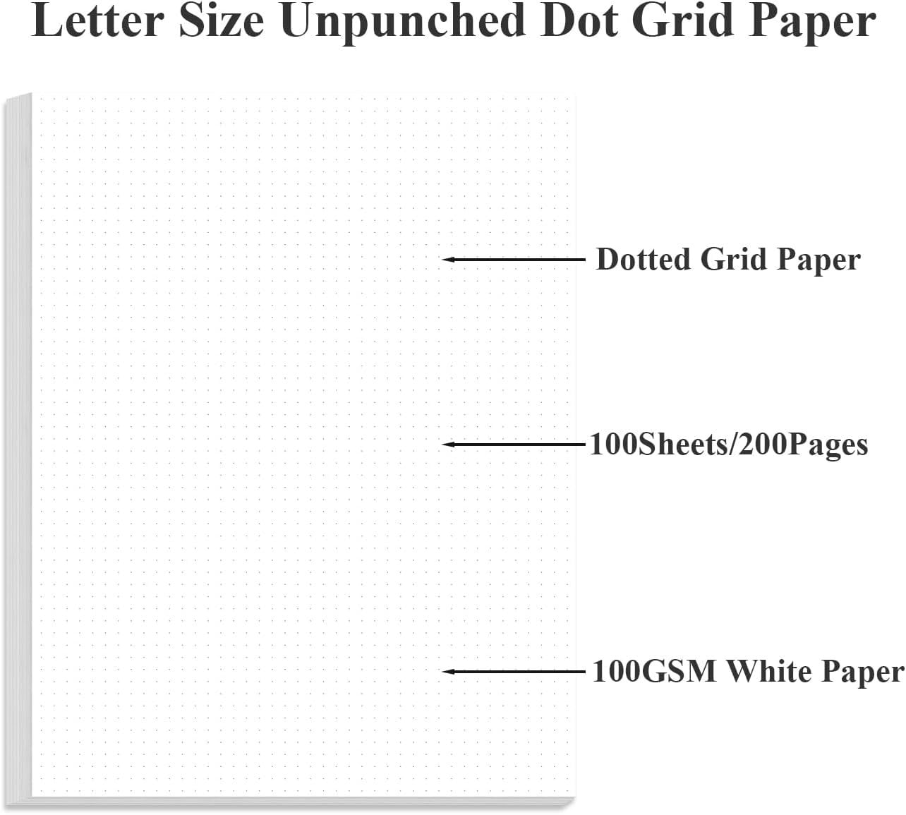 Unpunched Dotted Paper, Letter Size 100Sheets / 200Pages Loose-Leaf Paper, 100gsm White Paper, 8.5'' x 11''