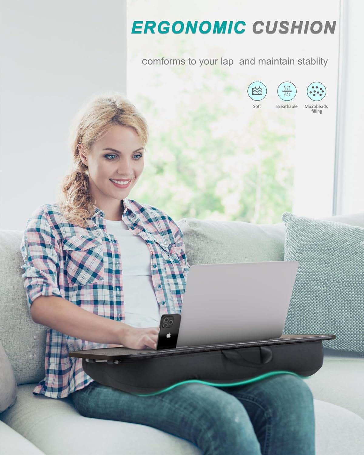 Lap Desk, Portable Laptop Stand with Washable Cushion, Fits up to 17 inch Laptop, with Device Ledge and Phone Holder, Use on Bed,Couch, Sofa, Floor, Home Office– (Large, Black)