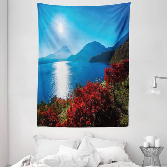 Nature Tapestry, Japan Sunny Autumn Fall Plants Landscape with Trees Mountains and Ocean Panorama, Wall Hanging for Bedroom Living Room Dorm Decor, 60W X 80L Inches, Blue and Red, by Ambesonne