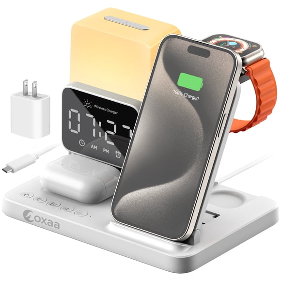OXAA 6-in-1 Wireless Charging Stand with Alarm Clock & Night Light for Apple Devices, 15W Fast Charging for iPhone eg.17 Air,16,15,14,13,12 Series, Apple Watch & AirPods, Includes 45W Adapter
