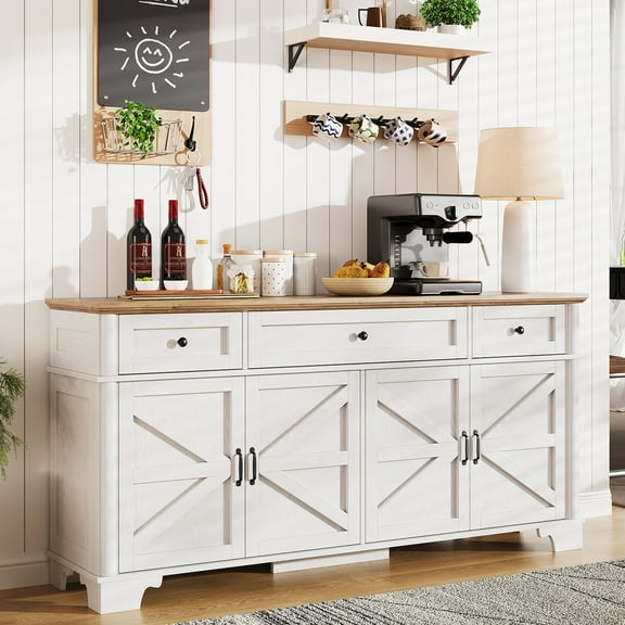 65 Inch Farmhouse Buffet Cabinet with Storage, White Sideboard Buffet Cabinet with Adjustable Shelves & 3 Drawers, Buffet Table Coffee Bar Wine Bar Storage for Kitchen & Living Room