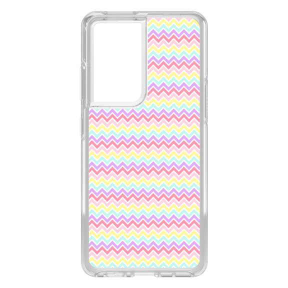 DistinctInk Clear Shockproof Hybrid Case for Galaxy S21 ULTRA 5G (6.8" Screen) - TPU Bumper, Acrylic Back, Tempered Glass Screen Protector - Rainbow Chevron Stripes Pattern