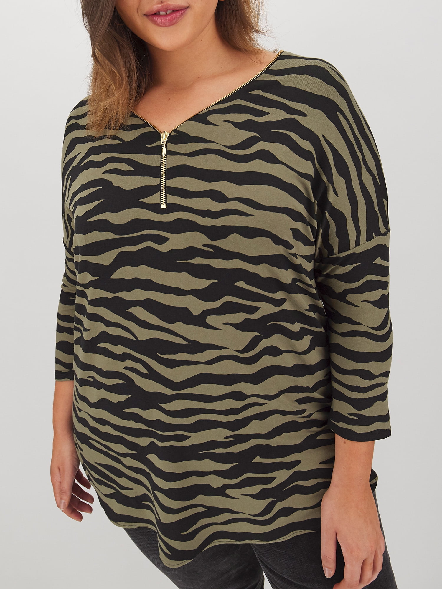 Simply Be Simply Be Women's Plus Size Quarter Sleeve Zip Front Animal
