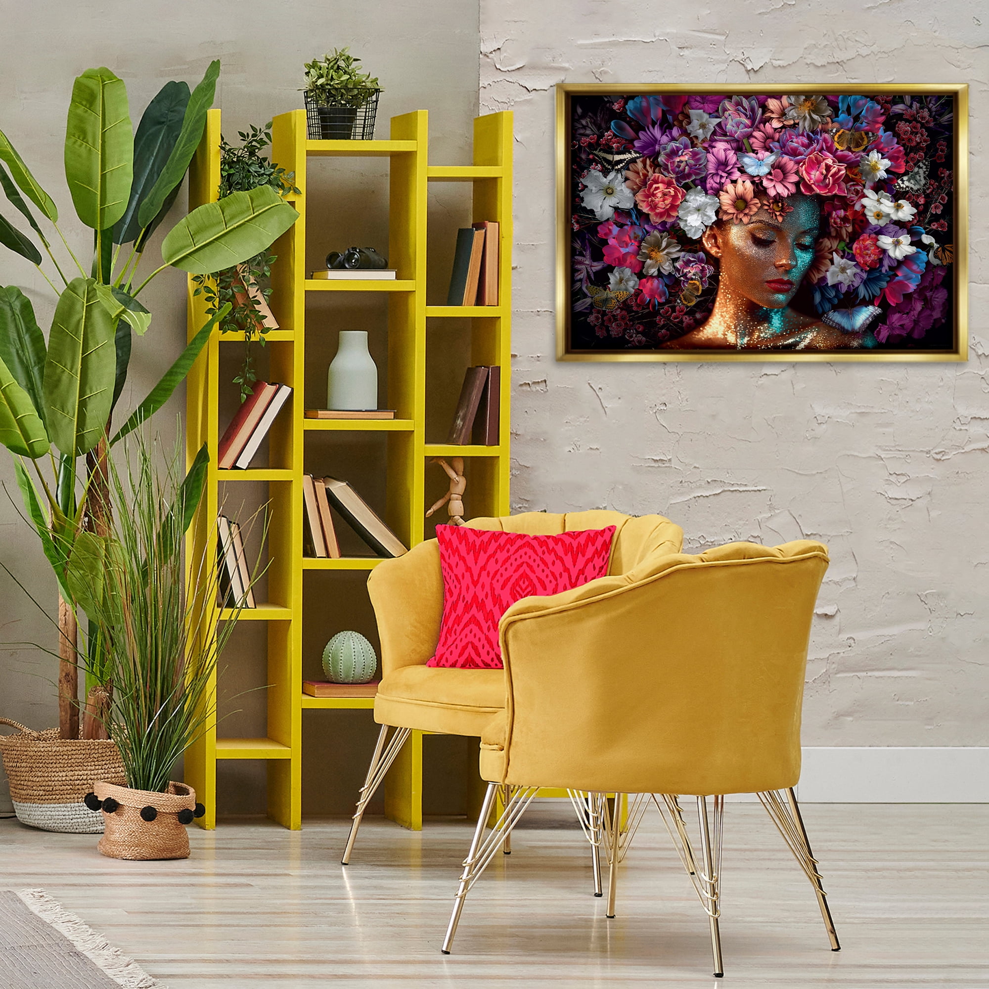 Stupell Industries Glitz Woman with Florals Plants & Flowers Painting Gold Floater Framed Canvas Art Print Wall Art, 31 x 21