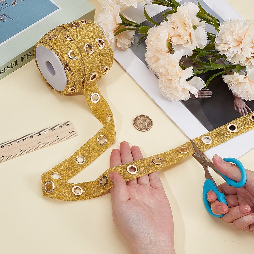 15 Yards Glitter Polyester Ribbon with Stainless Steel Eyelets Clothes Accessories Gold 1 inch(25mm)