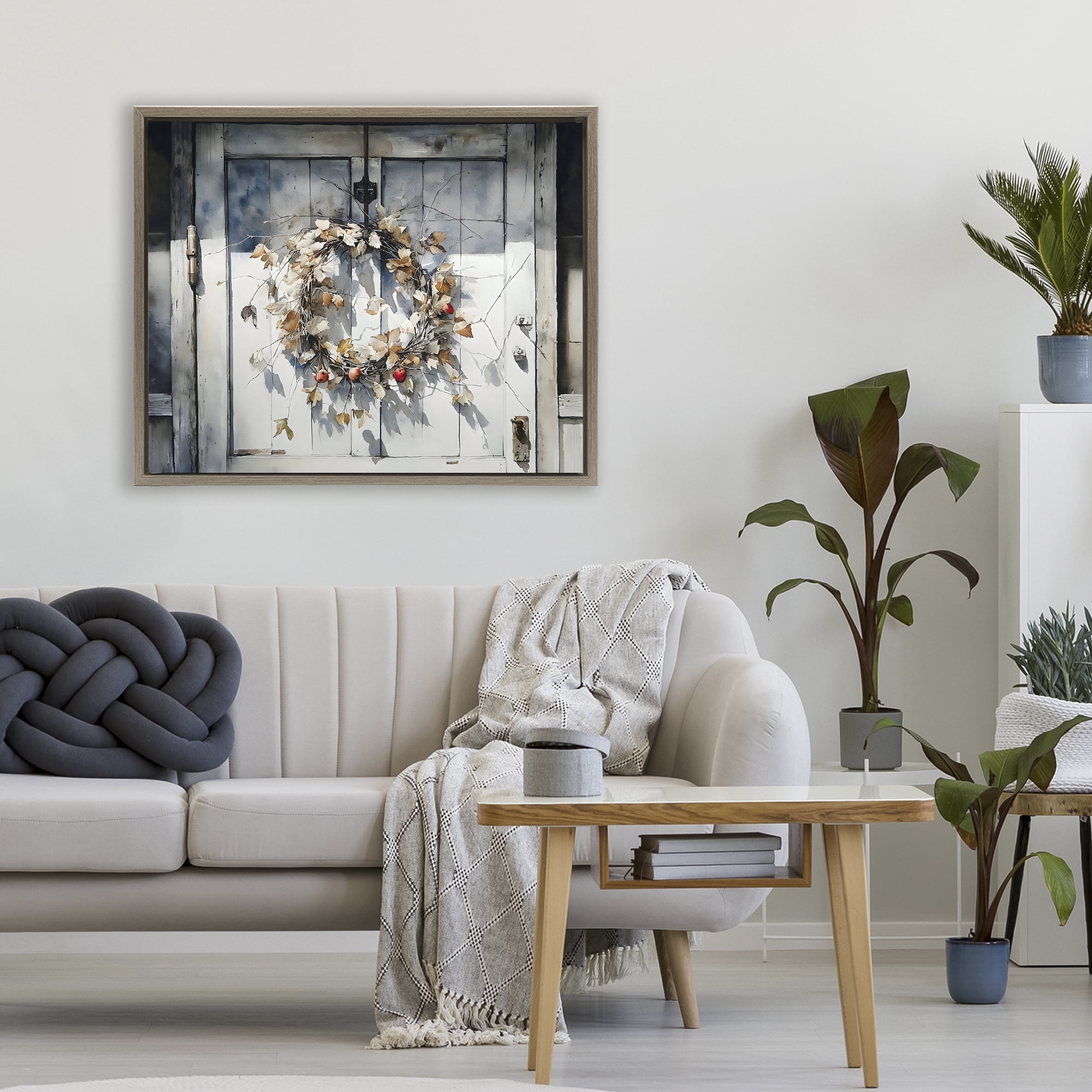 Stupell Industries Rustic Wreath on White Door Brown Framed Floater Canvas Wall Art, design by Franklyn Gregory