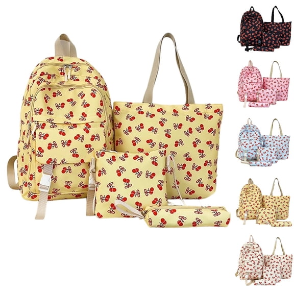 HJYCHN Boys Backpack Cherry Print 4Pc Set Daypack with Tote Crossbody Pencil Case Back to School Supplies for Kids Bookbag for Girls Yellow