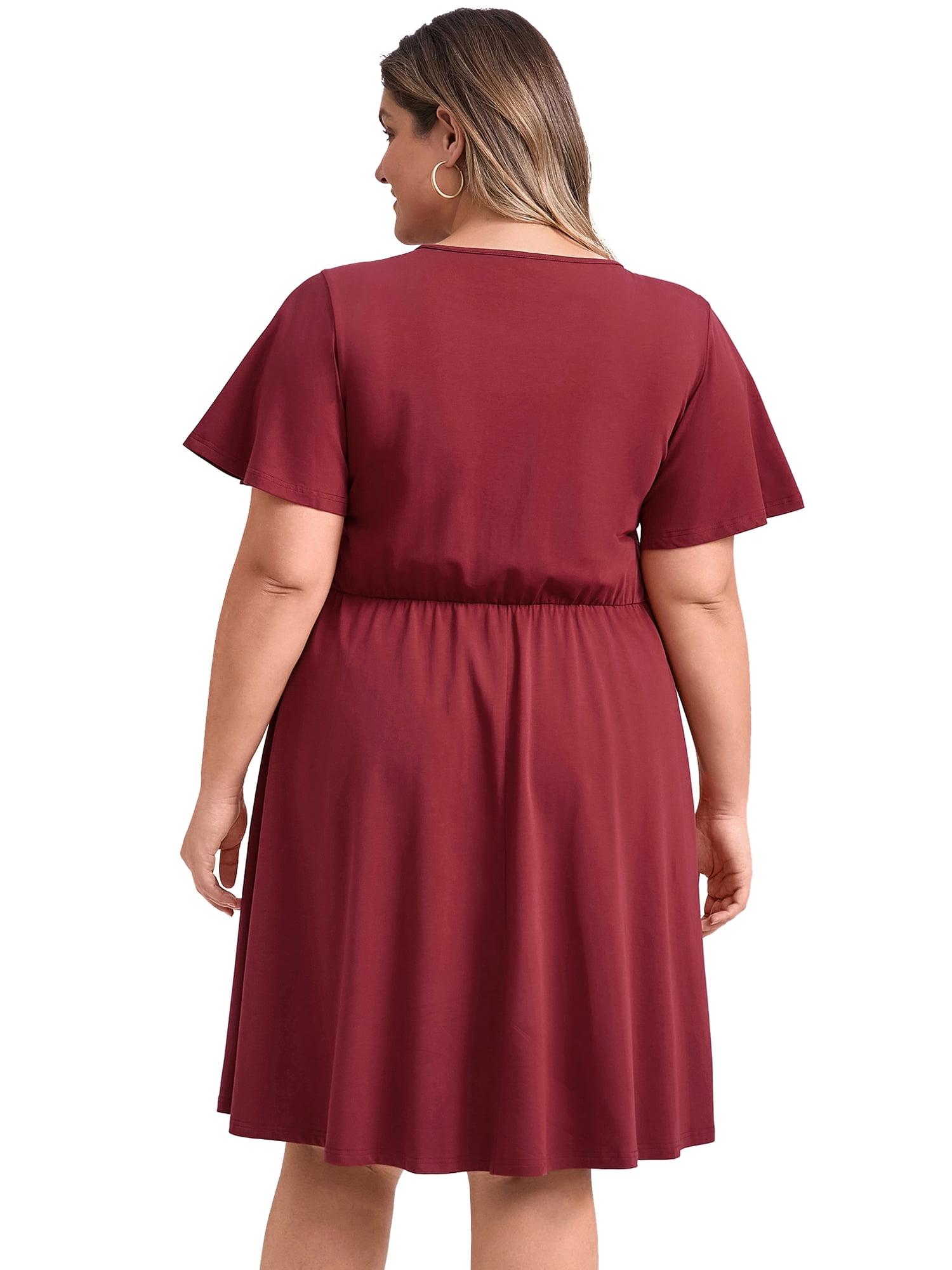 DARING DIVA Plus Size Summer V Neck Ruffle Short Sleeves Dress 3X Burgundy