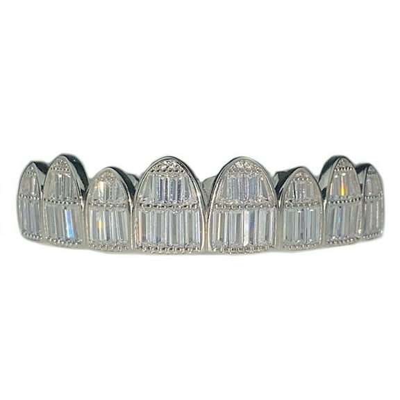 Men's Real Solid 925 Sterling Silver Grillz 8 Tooth Iced CZ Baguettes Eight Top Teeth Pre-Made Grills