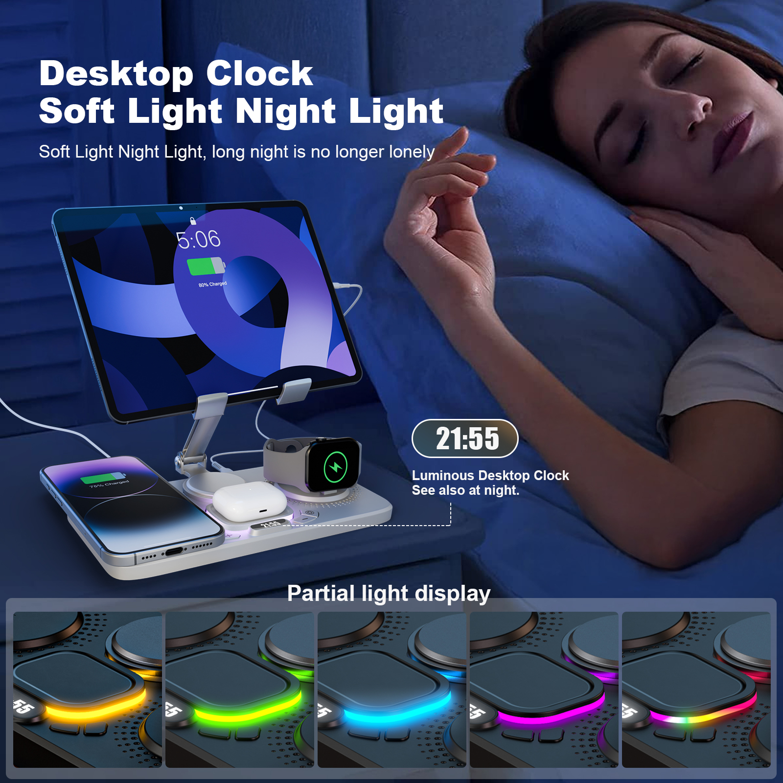 7 in 1 Wireless Charger for iPhone Airpods iWatch, Foldable Charging Station , Compatible with Apple 12 and above series, White