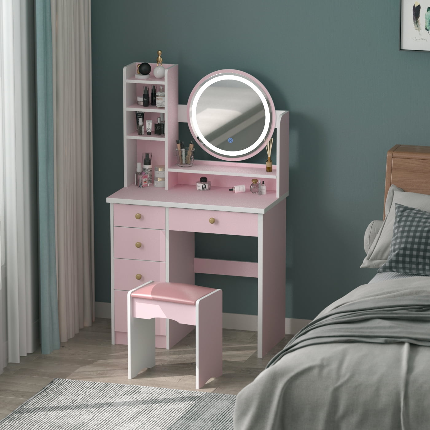Pink Vanity Set with Mirror Cushioned Stool Storage Shelves and 5 Drawers