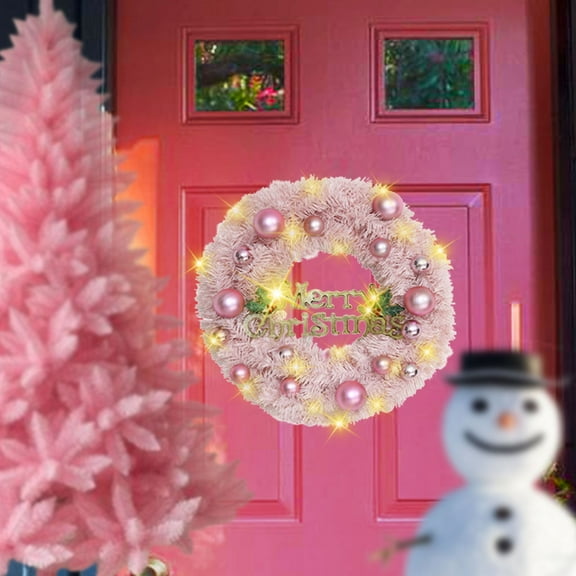 Holloyiver Pink Christmas Wreath, 12 Inch Christmas Garland Holiday Wreath with Merry Christmas Sign Christmas Ball Ornaments for Front Door Bedroom Fireplace Wall Window Holiday Decor