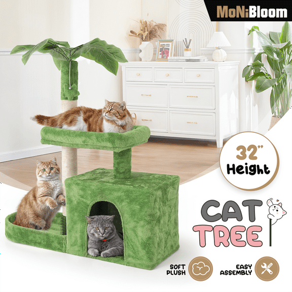 MoNiBloom Cat Tree with Green Leaves, 32 Inches Cat Tower with Scratching Posts, Cat House w/Cozy Condo, Perch and Fluffy Ball for Indoor Cats
