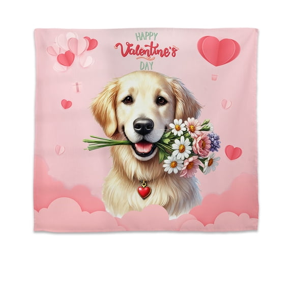 Happy Valentine's Day Golden Retriever holding flowers Tapestry Goldens Dog Lover Gifts Idea Wall Hanging Backdrop Home Decor - 3005