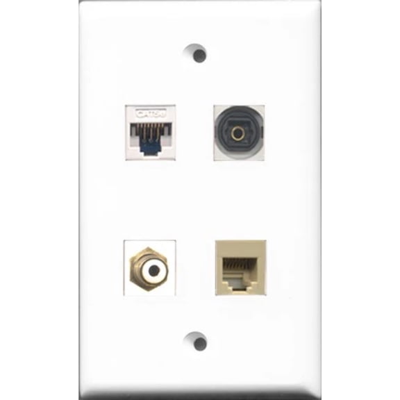 RiteAV 1 Port RCA White and 1 Port Phone RJ11 RJ12 Beige and 1 Port Toslink and 1 Port Cat5e Ethernet White Wall Plate