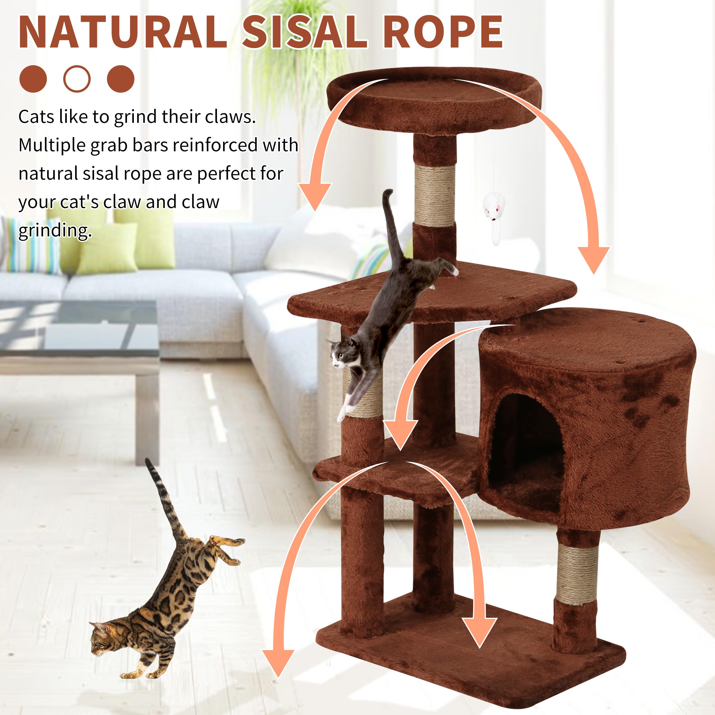 NiamVelo 36 Inch Cat Tree Cat Tower for Small Cats, Plush Multi-Level Cat Condo with Scratch Post Kittens Playhouse Furniture Set, Brown