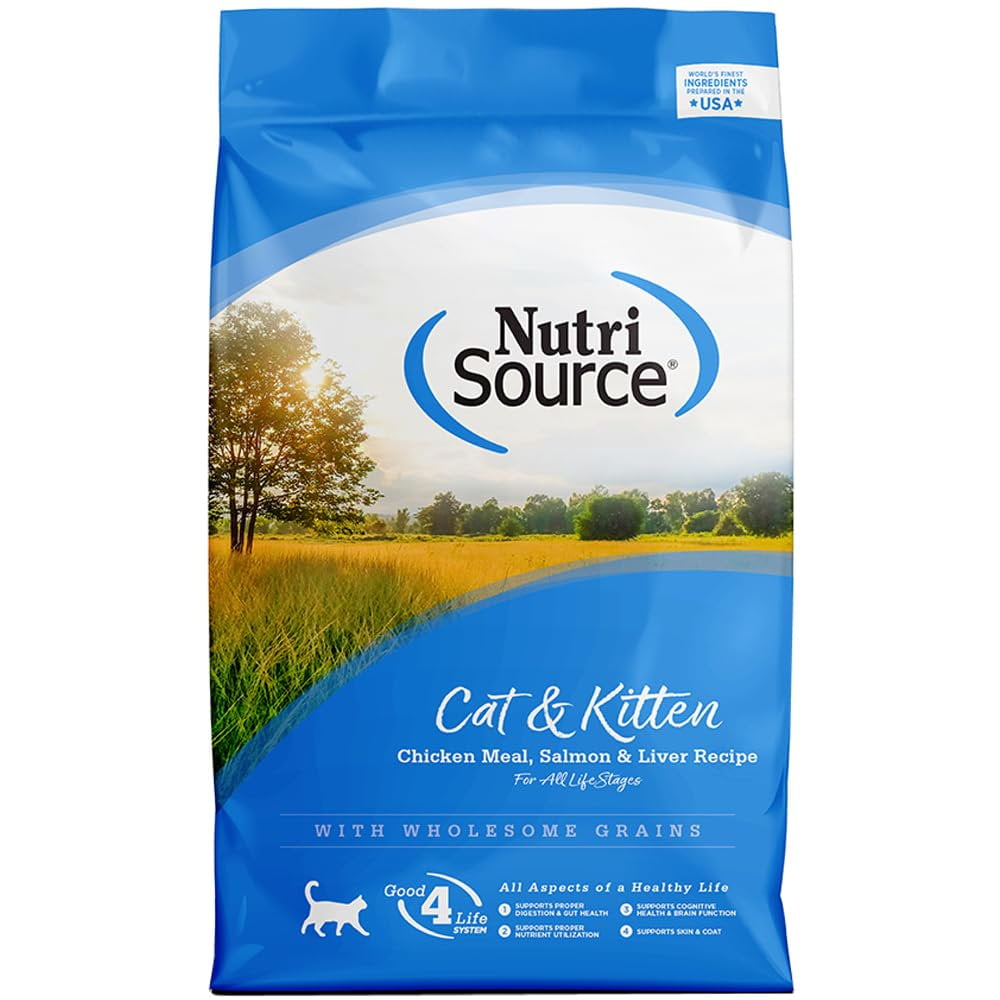 NutriSource, Cat and Kitten Chicken Meal Salmon and Liver Recipe with Wholesome Grains Dry Cat Food, 64 Ounce