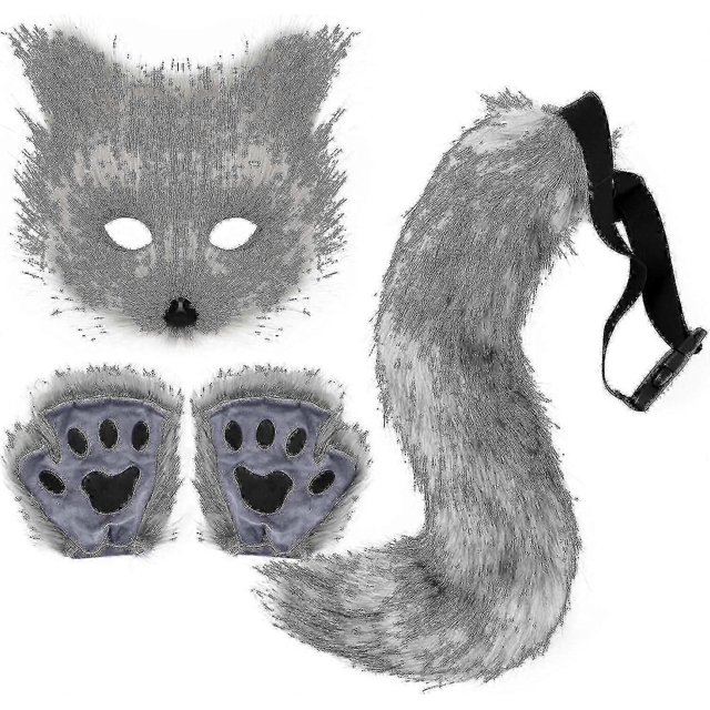Disfraz de cosplay de piel sintética con cola de zorro, gato y lobo, máscara de peluche, guantes de pata esponjosos para Halloween y Navidad.