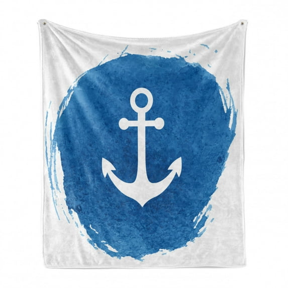 Anchor Soft Flannel Fleece Throw Blanket, Marine Watercolors Effect Deep down Sea Stay Calm and Firm Artwork Print, Cozy Plush for Indoor and Outdoor Use, 70" x 90", Blue White, by Ambesonne