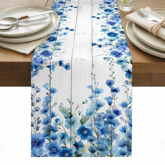 Spring Blue Floral Table Runner - 48 Inch Long, Kitchen Dining Table Runner Dresser Scarves, Farmhouse Weeping Floral Leaves Wood Farmhouse Decor for Coffee Tables Wedding Party Banquet