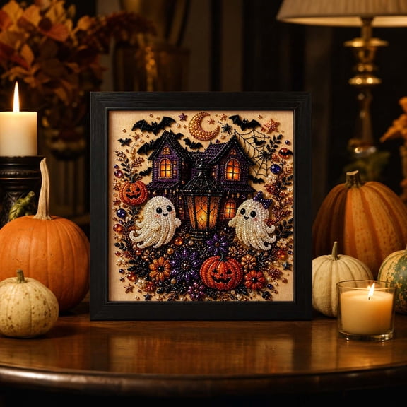 Cmunyle Halloween Ghost House DIY Beaded Painting Kit with Special-Shaped Beads for Adult Crafting and Decorative Wall Art