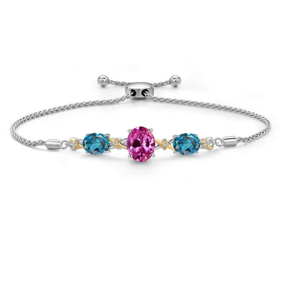 925 Silver & 10K Yellow Gold Pink Created Sapphire London Blue Topaz & Lab Grown Diamond Bracelet for Women | 6.31 Cttw | September Birthstone | Oval 10X8MM and 8X6MM | Fully Adjustable 9 inch