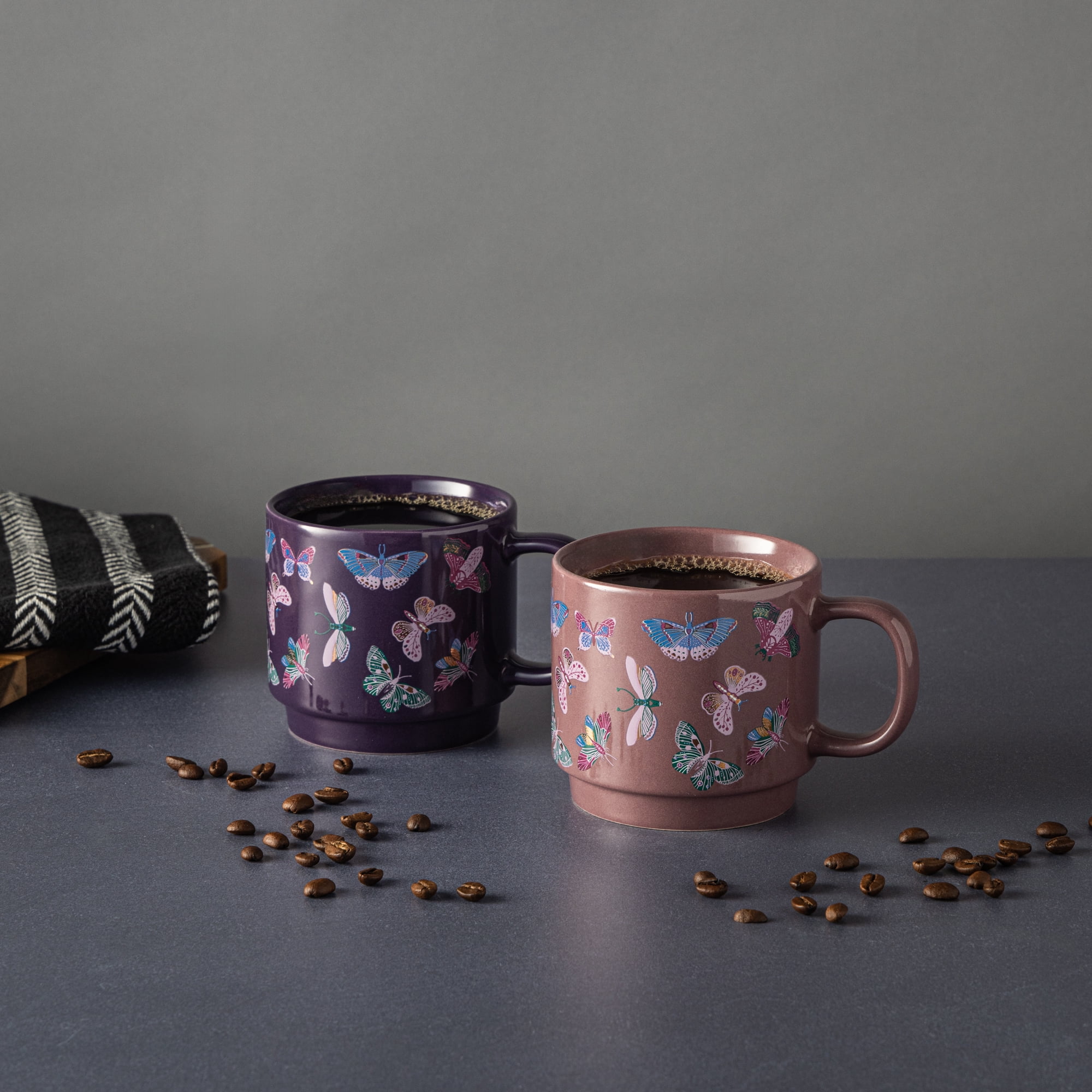 Thyme & Table 2 Pack Stacking Butterfly Purple Mugs 14.2 fl oz, Stoneware