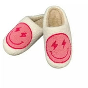 PacificPlex Womens Smiley Fuzzy Preppy Smile Slippers Retro Cozy Comfy Plush Warm Slip-on Happy Face Slippers Winter Casual Indoor Soft Fluffy House Shoes (9-10.5, Pink Lightning-Bolt)
