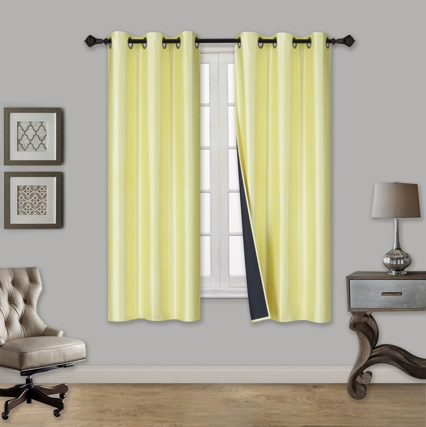 CURTAIN SET YELLOW D24 DRAPE PANEL SILKY SOLID LINED EFFICIENT ENERGY