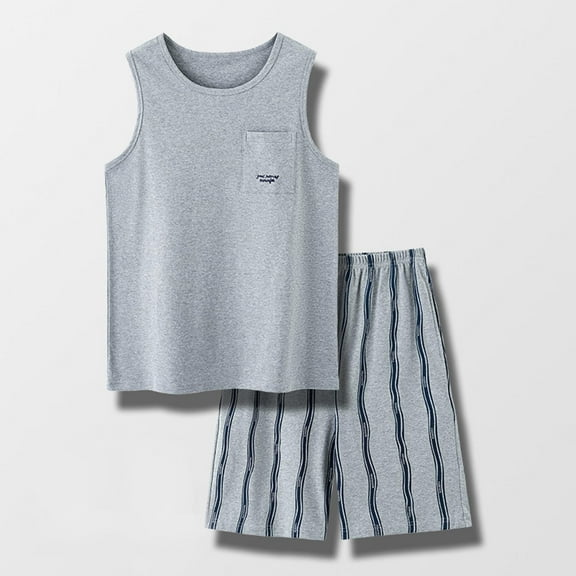 M-4X Plus Size Mens Short Pajama Sets with Pockets Big & Tall 2 Piece Pajamas Sleeveless Tank Tops and Shorts Stripe Printed Loungewear Outfits Set
