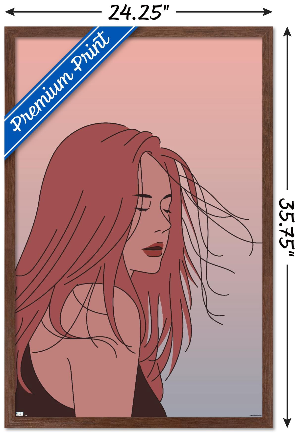 Hand Drawn Woman With Blowing Hair Wall Poster, 22.375" x 34" Framed