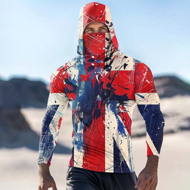 Viluyesy Mens Sun Shirt UV Protection with Face Mask, Printed Quick Dry Breathable Rash Guard Long Sleeve Shirt A Red L