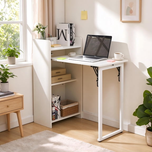 Haooyeah 37" Foldable Storage Desk with Charging Station, Space-Saving Desk with Raised Surface, Multi-functional Desk for Home Office, Bedroom, and Small Spaces