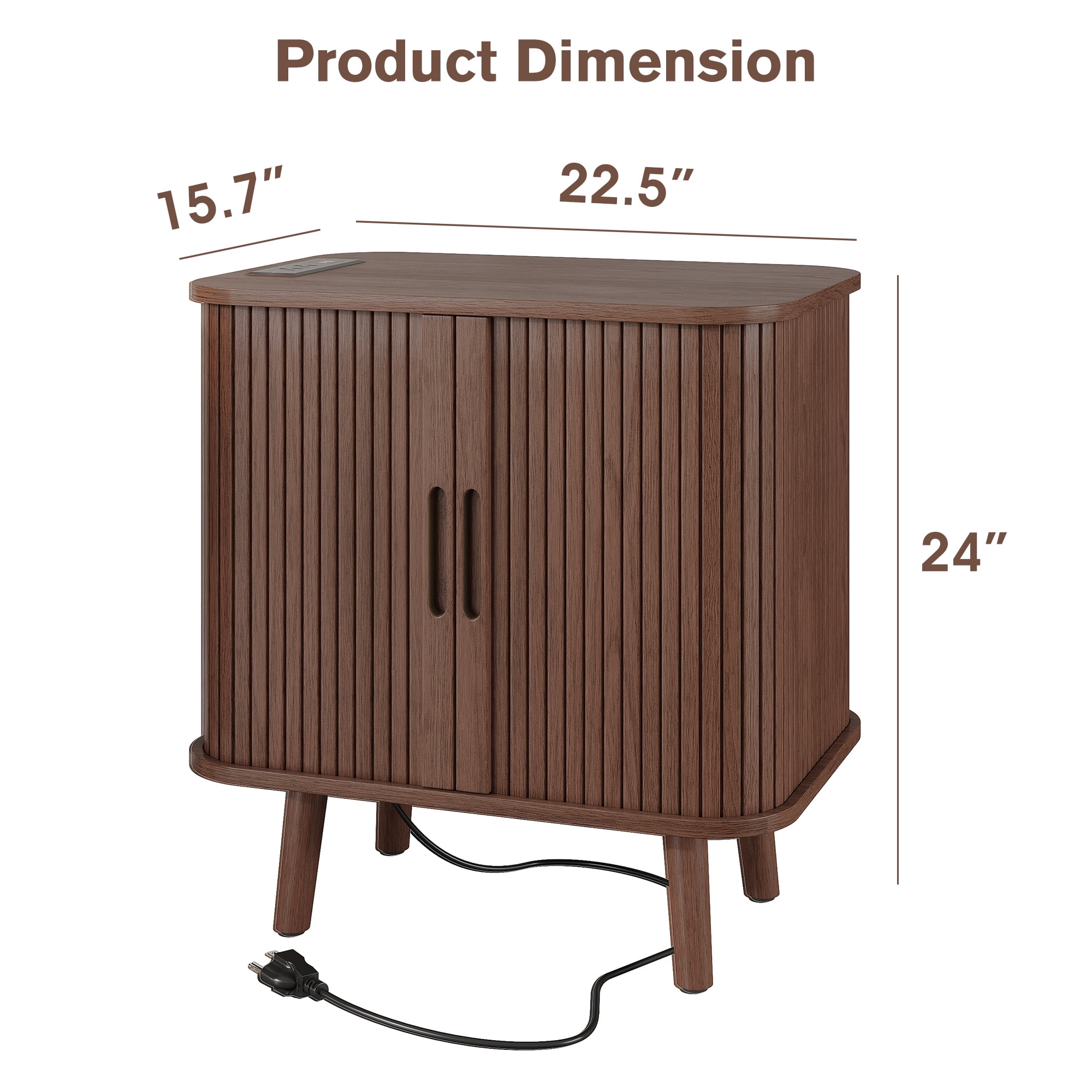 Fluted Nightstand with Charging Station, Mid Century Modern Bedside Table with Drawers and Shelves, Sliding Doors Nightstands, Wood Night Stand for Bedroom, End Table with Charging Station, Walnut