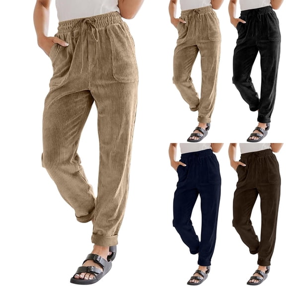 ibiyuan Womens Corduroy Pants Casual Drawstring Elastic High Waist Straight Leg Pants Loose Comfy Trousers with Pockets,Brown