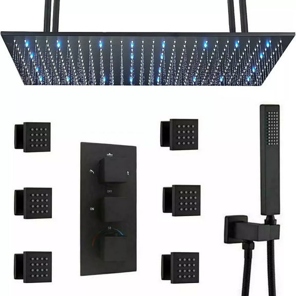 Thermostatic Shower Faucet Set 16x32in LED Rain Shower Head Massage System Black