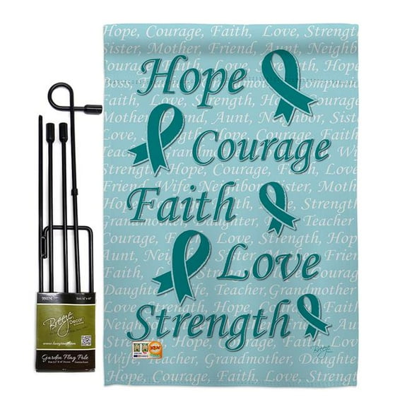 Breeze Decor BD-ST-GS-115092-IP-BO-D-US12-BD 13 x 18.5 in. Hope, Faith, Courage Teal Inspirational Support Impressions Decorative Vertical Double Sided Garden Flag Set with Banner Pole