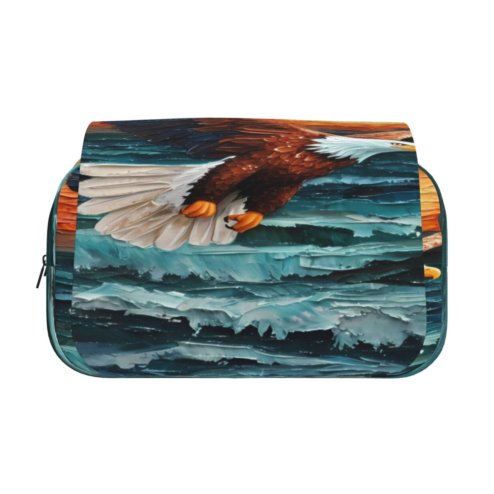 Rateoe Textured Bald Eagle Pattern Double Clamshell Pen Case, Storage Organizer with Two Zipper Compartments– Holds Up to 50 Pencils & Pens