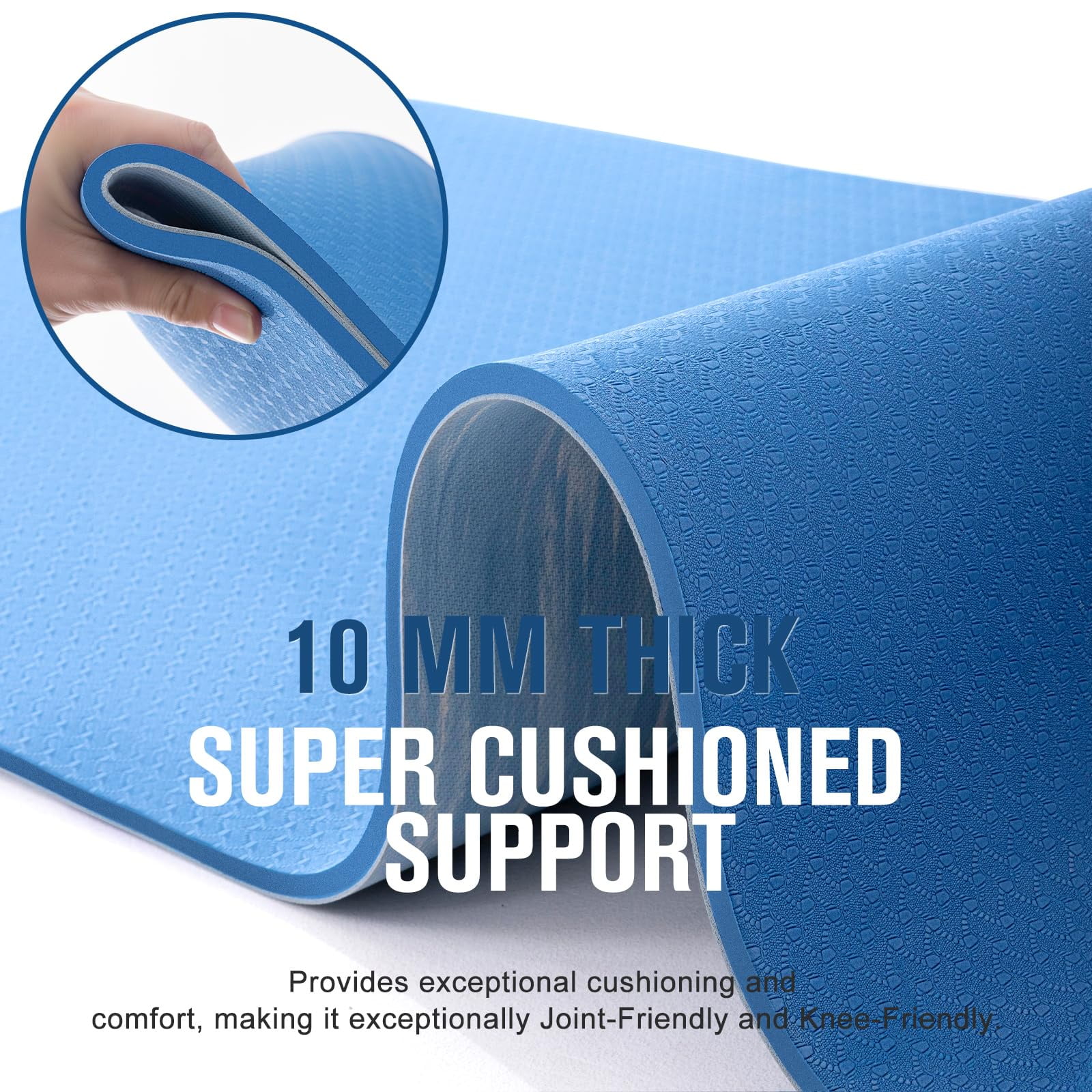 UMINEUX Extra Thick Yoga Mat, 2/5 Inch (10MM), Natural Rubber and TPE Non Slip Yoga Mats with Strap for Women Men, Eco Friendly Exercise Mat for Yoga, Pilates, Blue
