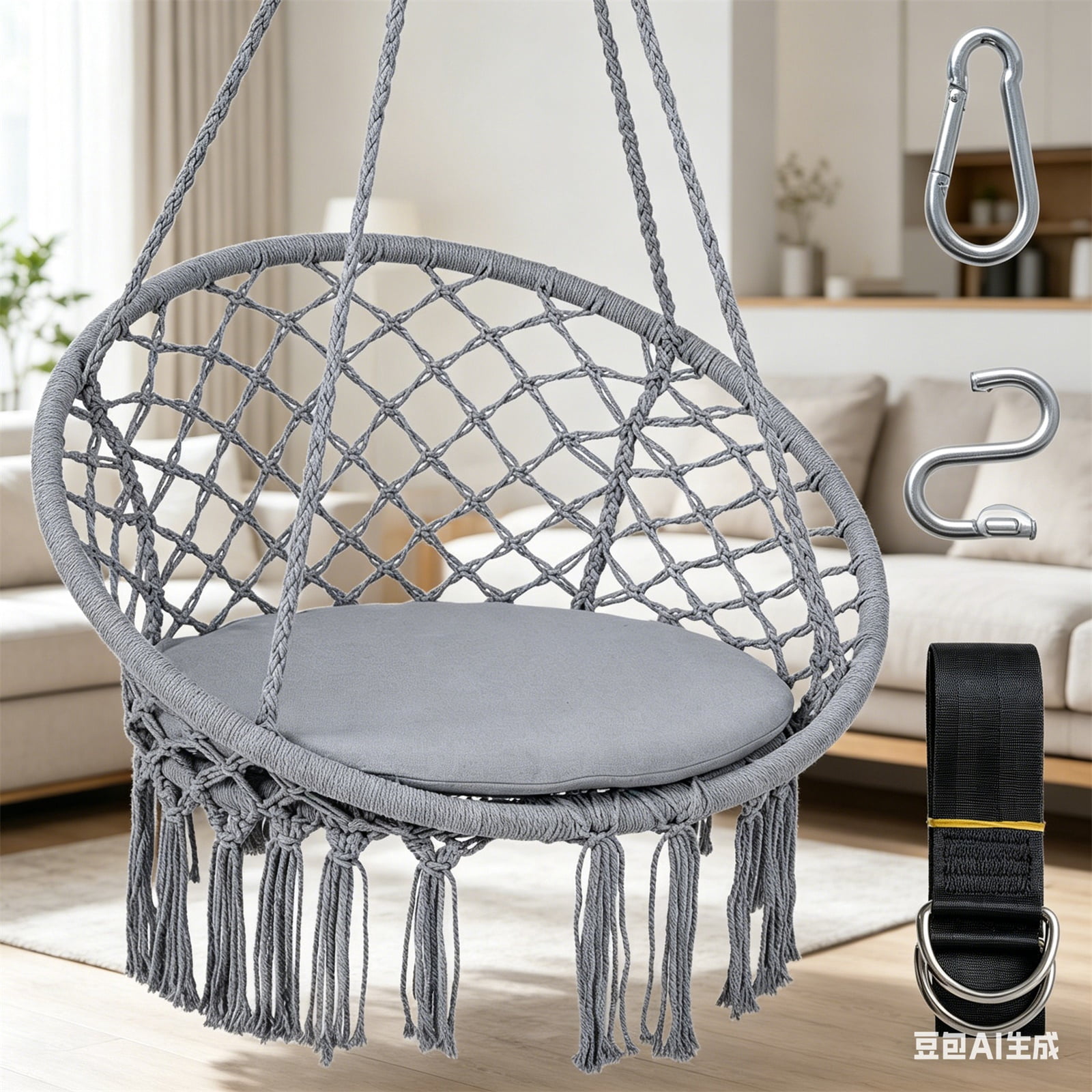 Hommoo Macrame Swing Chair Hammock Chair with Round Cushion Seat, Handmade Knitted Relax Hanging Cotton Rope Chair for Home, Gray