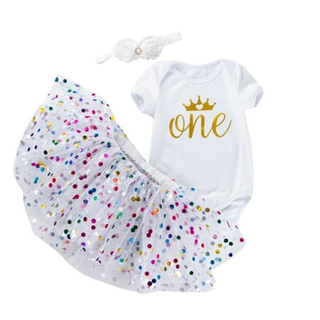 

AIMAOMI Girl Birthday Printing Letter Short Sleeve Sequins Dot Gauze Skirt Suit H