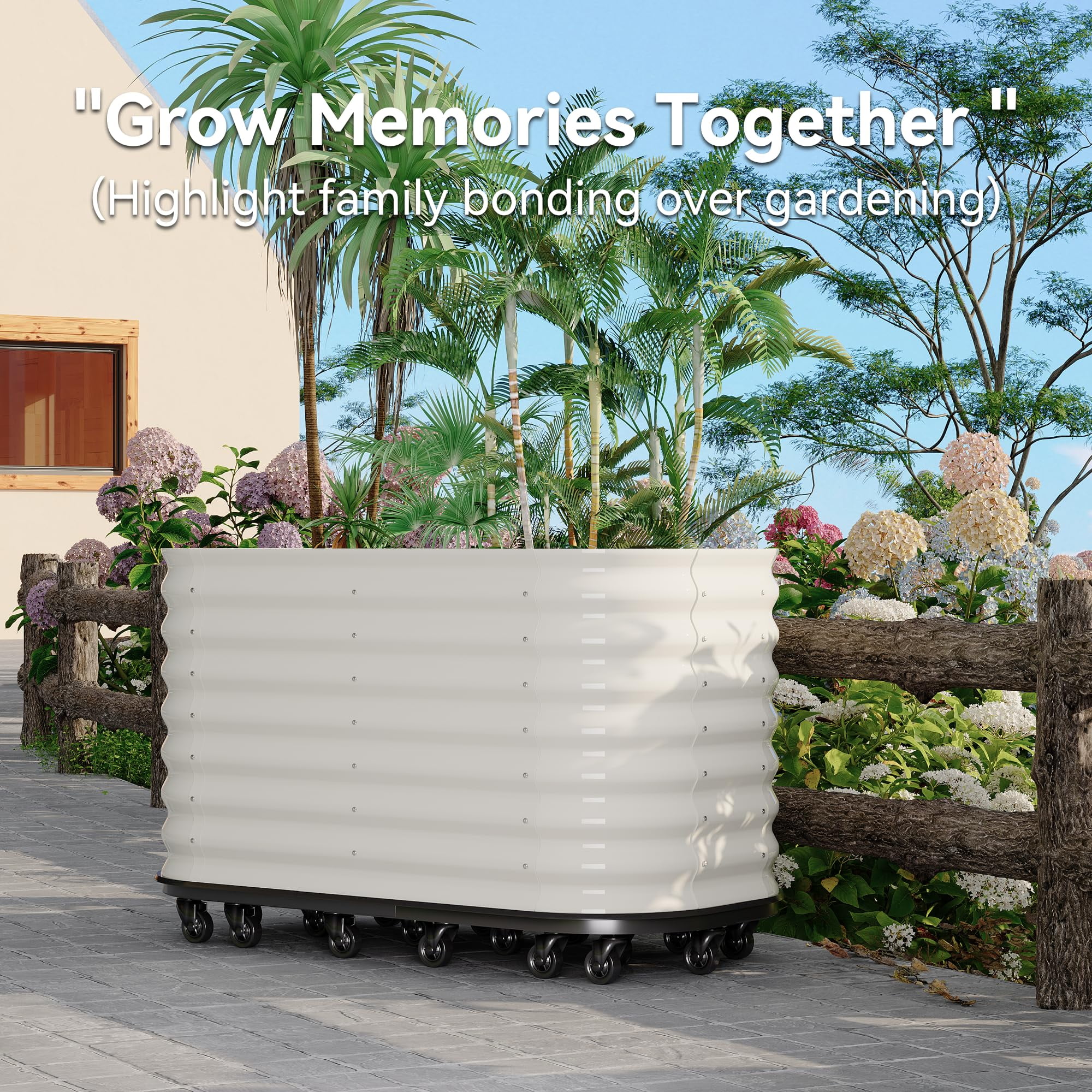 MAROUTE Galvanized Steel Raised Garden Bed – Self-Watering, with Wheels, White, 59"x23.6"x27.6"