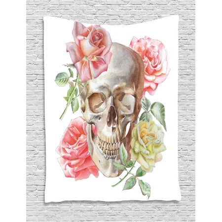 Rose Tapestry, Tender Blossoms with Hand Drawn Style Watercolor Skull Figure Mexican Festive Gothic, Wall Hanging for Bedroom Living Room Dorm Decor, 60W X 80L Inches, Multicolor, by Ambesonne