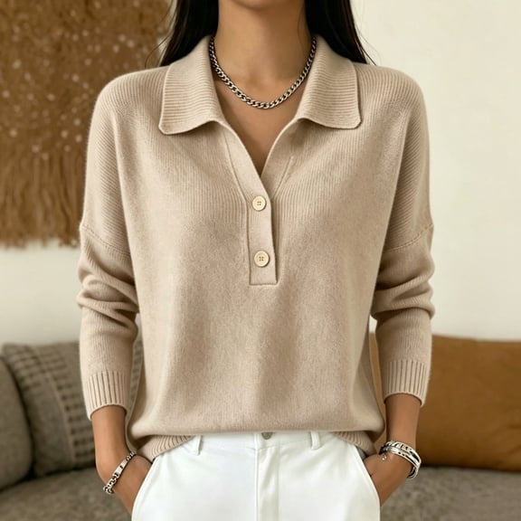 IUYRTFE Women Long Sleeve Collared Shirt Knit Sweater Solid Color Casual Pullover for Fall Winter Daily Wear