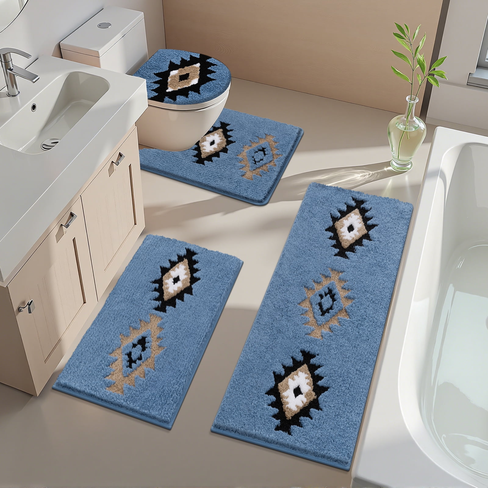 Bathroom Rugs Sets 4 Piece with Toilet Lid Cover, Non Slip Bathroom Mats Extra Soft Chenille Bath Rugs Absorbent Shaggy Rugs Perfect Plush Mats U-Shaped Toilet Rug and Toilet Cover Kitchen