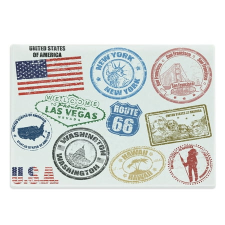 

United States Cutting Board Grunge Stamps of America Las Vegas New York San Francisco Hawaii Illustration Decorative Tempered Glass Cutting and Serving Board Large Size Multicolor by Ambesonne
