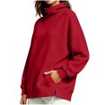 thumbnail image 2 of Tusihei Women Mock Neck Long Sleeve Oversized Sweatshirts Side Slit Pullover Tops Fall Winter Casual Loose Sweater Shirts, Wine M, 2 of 7