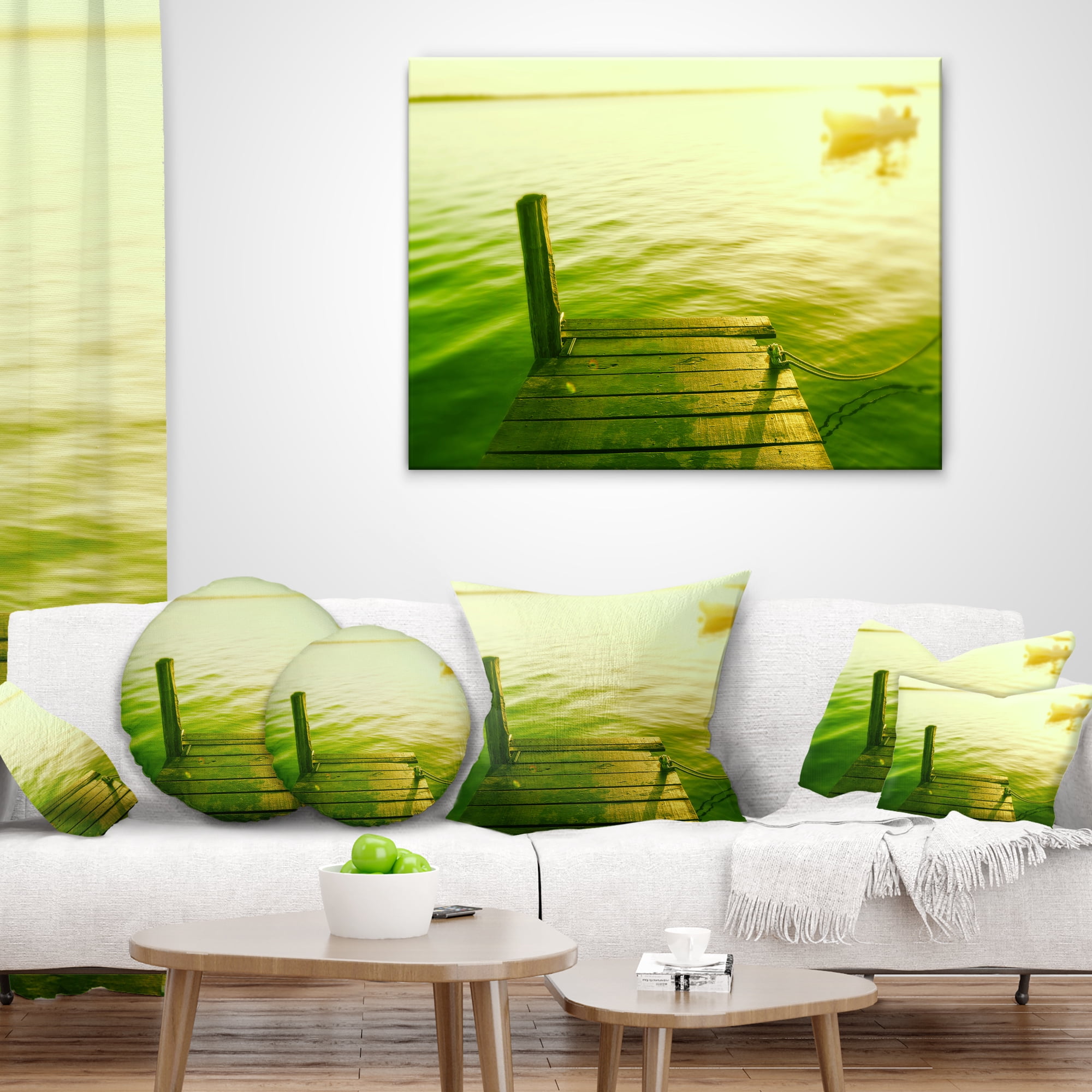 Designart Wooden Boardwalk in Green Sea - Bridge Throw Pillow - 18x18
