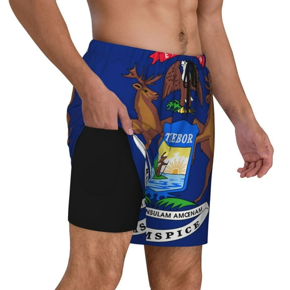 Mens Michigan Flag 2 in 1 Quick Dry Swim Trunks with Compression Liner Beach Shorts